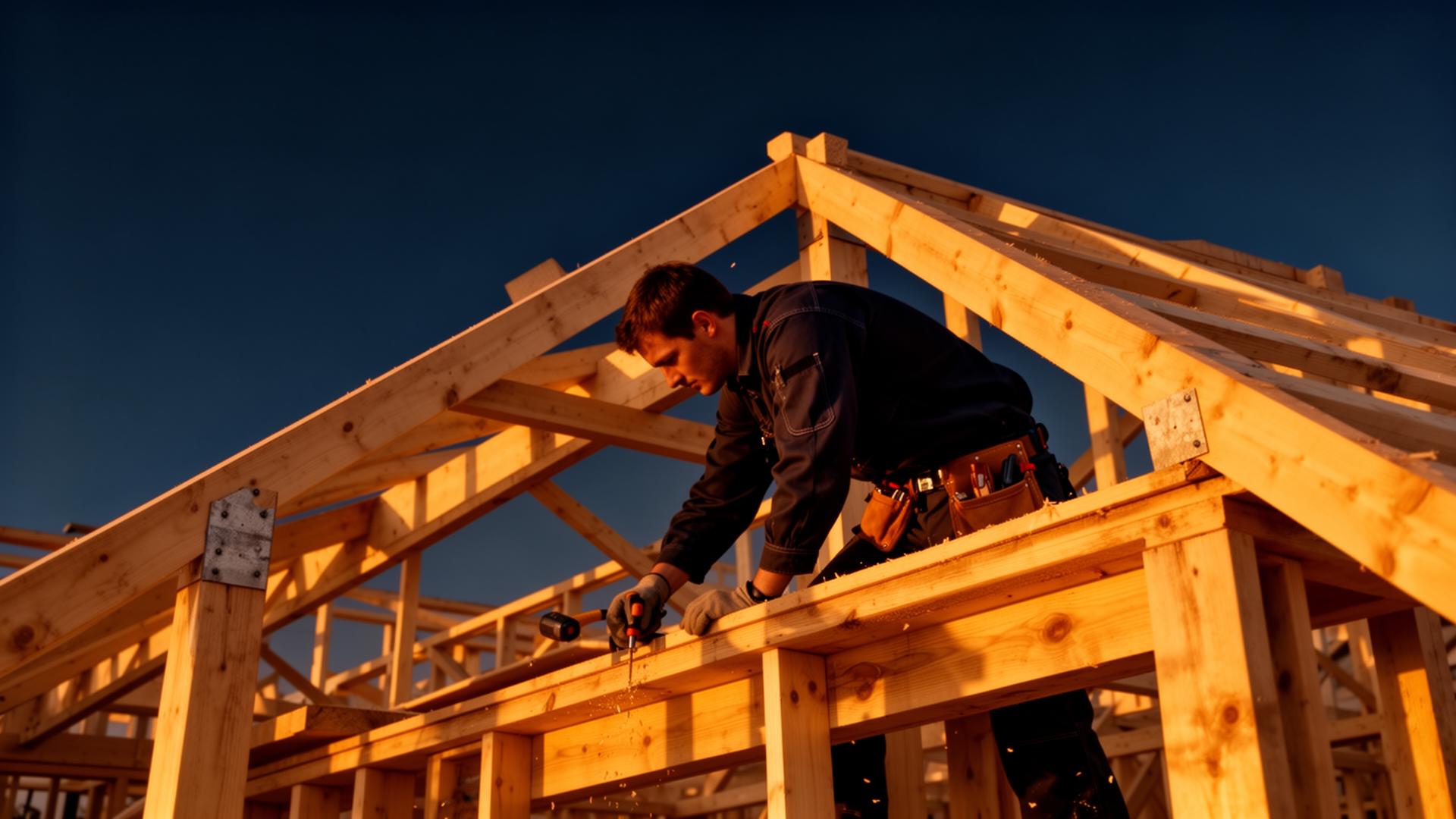 Timmerman aan het werk aan een houten dakconstructie