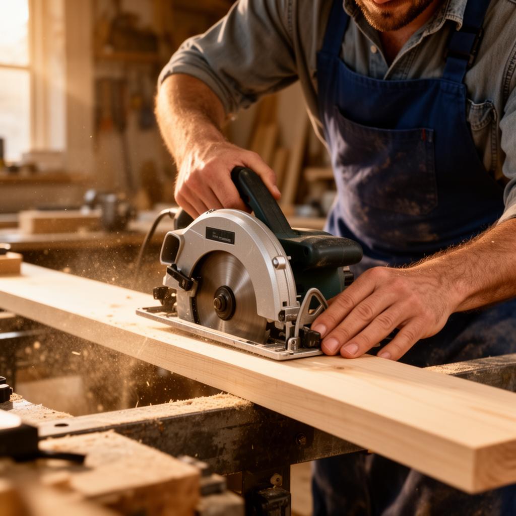 Vakman meet een houten plank op in de werkplaats